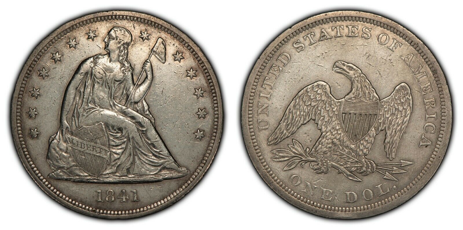 1841 $1 Seated Liberty Silver Dollar - Xf/au Details - Sku-b1336
