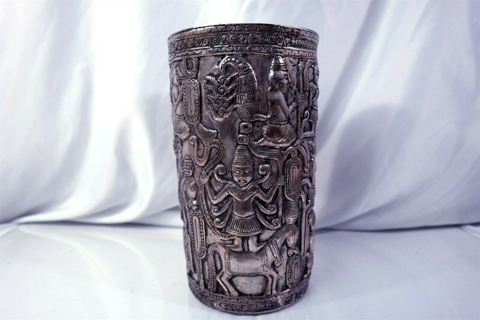 Vtg Chinese Tibetan ? Ornate Silverplated 10" Bucket Wine Holder Vase