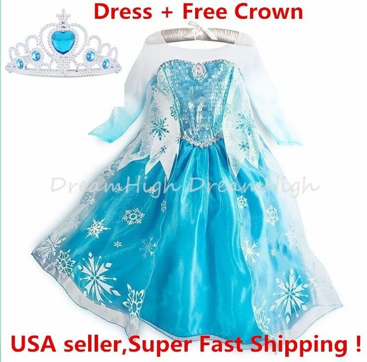 Girls Kids Dress  Elsa Anna Party Costume Princess +  Free Crown 2-10y