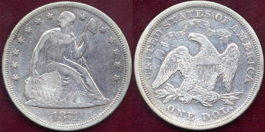 1871 $1 Type 2 With Motto- Original Color And Surfaces Seated Liberty Dollar++